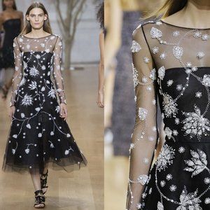 ♧$7,900 OSCAR DE LA RENTA EXCLUS FLORAL EMBROID TULLE SILK MIDI DRESS M